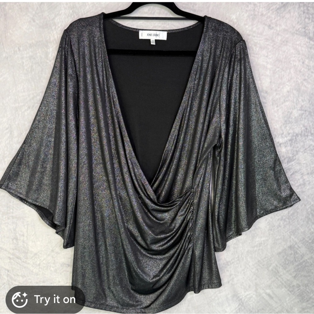 Jones Studio Metallic Black Draped Cowl Top